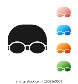 Black Glasses and cap for swimming icon isolated on white background. Swimming cap and goggles. Diving underwater equipment. Set icons colorful. Vector Illustration