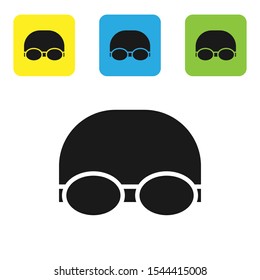 Black Glasses and cap for swimming icon isolated on white background. Swimming cap and goggles. Diving underwater equipment. Set of colorful square icon buttons. Vector Illustration