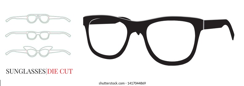 Black Glasses Frame Isolated On White Background, Vector With Die Cut / Laser Cut Layers. Modern Glasses Icon, Eyeglasses Model, Retro Sunglasses Mock Up