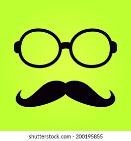 Black Glasses Frame with Moustache Isolated on Green Background. Flat Design