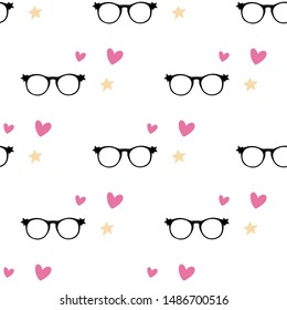 Black glasses and hearts on a white background. Seamless pattern  . Vector illustration