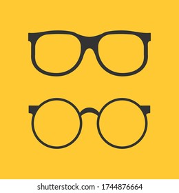 Black glasses icon for eye on yellow background. Flat circle specs isolated. Fashion optical accessory for face. Silhouette eyeglasses in retro style. Design round sunglasses. vector