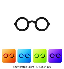 Black Glasses icon isolated on white background. Eyeglass frame symbol. Set icon in color square buttons. Vector Illustration