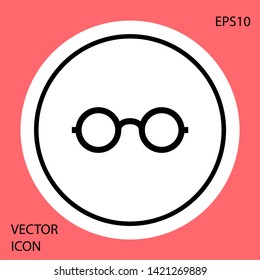 Black Glasses icon isolated on red background. Eyeglass frame symbol. White circle button. Vector Illustration