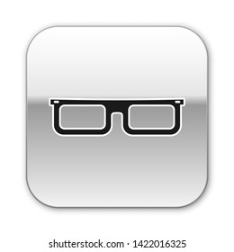 Black Glasses icon isolated on white background. Eyeglass frame symbol. Silver square button. Vector Illustration