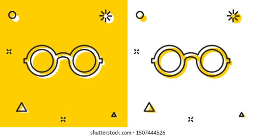 Black Glasses icon isolated on yellow and white background. Eyeglass frame symbol. Random dynamic shapes. Vector Illustration
