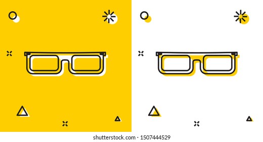 Black Glasses icon isolated on yellow and white background. Eyeglass frame symbol. Random dynamic shapes. Vector Illustration