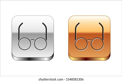 Black Glasses icon isolated on white background. Eyeglass frame symbol. Silver-gold square button. Vector Illustration