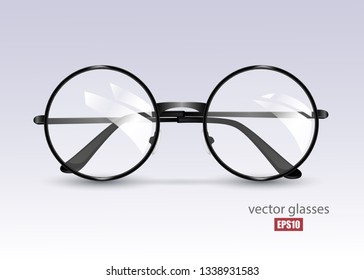 Black glasses isolated on light background, round black-rimmed glasses, women's and men's accessory. Optics, see well, lens, vintage, trend. Vector illustration. EPS10