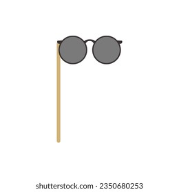 Black glasses mask. Decorative fake flat masquerade element on wooden stick. Gentleman hipster fashion vintage accessories. Vector illustration isolated on white background