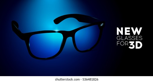 Black glasses on a background of a blue screen. 3d vector illustration