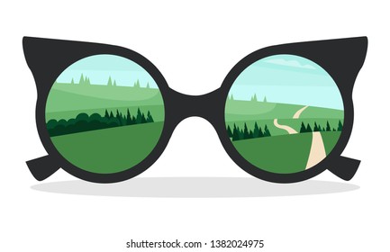 Black glasses with park with trees and road. Flat vector illustration.