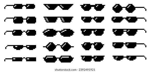 Black glasses pixel art icons. Boss sunglasses, 8 bit spectacles and summer style eyeglasses shapes vector set of glasses, fun meme isolated illustration