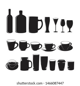 black glasses tea cup coffee cup bottle for wine or beer or tea or milk or coffee for cafe or restaurant or bar or pub illustrations logo symbol silhouette 