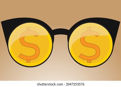 Black Glasses With Two Dollar Signs.
Gold Coins With Dollar Sign And Yellow Round Glasses.
Black Round Glasses With Two Gold Dollar Signs.
Vector Illustration, Icon Isolated On Gradient Background.