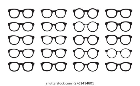 Black glasses vector flat icons collection isolated on white background. set of different shapes eyeglasses.