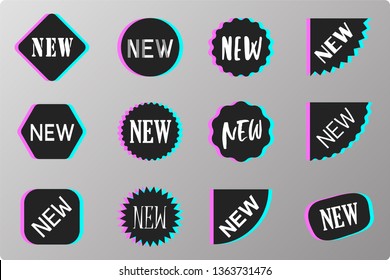 Black glitch NEW speech bubbles, sale labels set. Vector tag, promo badge, sticker new templates. Chat message icons, product signs mockup collection. NEW arrival tags, sale coupon labels.
