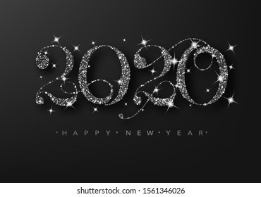 Black glitter 2020 on a black background. Happy New Year greeting card