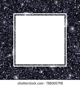 Black glitter background, square frame. Vector