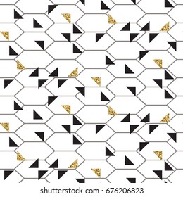 Black and glitter gold triangles mesh seamless vector pattern. Monochrome geometric abstract repeat background.