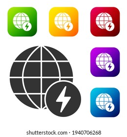 Black Global energy power planet with flash thunderbolt icon isolated on white background. Ecology concept and environmental. Set icons in color square buttons. Vector