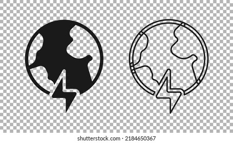 Black Global energy power planet with flash thunderbolt icon isolated on transparent background. Ecology concept and environmental.  Vector