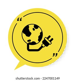 Black Global energy power planet with plug icon isolated on white background. Ecology concept and environmental. Yellow speech bubble symbol. Vector