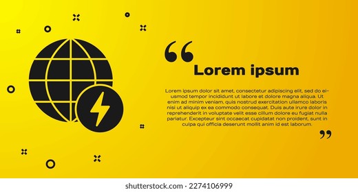 Black Global energy power planet with flash thunderbolt icon isolated on yellow background. Ecology concept and environmental.  Vector