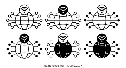 Pacote de ícone preto de conexão global à internet mostrando mapa mundial e sinal para web mundial e visuais de comunicação.
