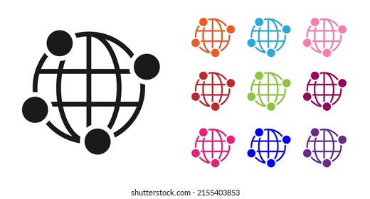 Tecnología global negra o icono de red social aislado en fondo blanco. Indique los iconos en colores. Vector