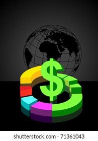 black globe background with colorful pie graph, dollar symbol