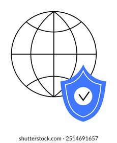 Black globe with a blue shield in front, featuring a check mark. Ideal for data protection, cybersecurity, global security, internet safety, and digital privacy themes.
