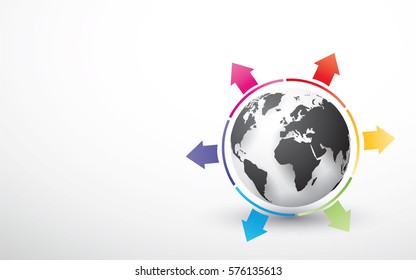 black globe with colored pie chart arrows