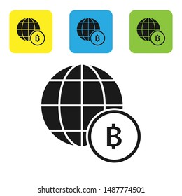 Black Globe and cryptocurrency coin Bitcoin icon isolated on white background. Physical bit coin. Blockchain based secure crypto currency. Set icons colorful square buttons. Vector Illustration