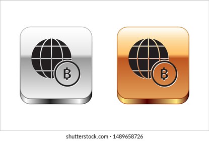 Black Globe and cryptocurrency coin Bitcoin icon isolated on white background. Physical bit coin. Blockchain based secure crypto currency. Silver-gold square button. Vector Illustration