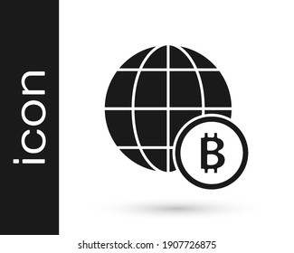 Black Globe and cryptocurrency coin Bitcoin icon isolated on white background. Physical bit coin. Blockchain based secure crypto currency.  Vector