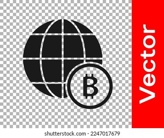 Black Globe and cryptocurrency coin Bitcoin icon isolated on transparent background. Physical bit coin. Blockchain based secure crypto currency.  Vector