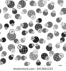 Black Globe and cryptocurrency coin Bitcoin icon isolated seamless pattern on white background. Physical bit coin. Blockchain based secure crypto currency.  Vector