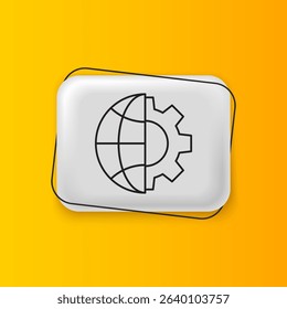 Black Globe of the Earth and gear or cog icon isolated on yellow background. Setting parameters. Global Options. Silver rectangle button. Vector