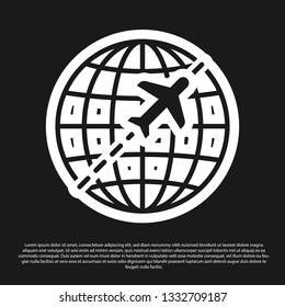 Black Globe with flying plane icon isolated on black background. Airplane fly around the planet earth. Aircraft world icon. Vector Illustration