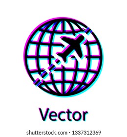 Black Globe with flying plane icon isolated on white background. Airplane fly around the planet earth. Aircraft world icon. Vector Illustration