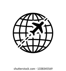 Black Globe with flying plane icon isolated on white background. Airplane fly around the planet earth. Aircraft world icon. Vector Illustration