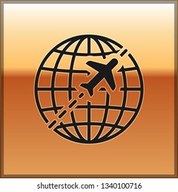 Black Globe with flying plane icon isolated on gold background. Airplane fly around the planet earth. Aircraft world icon. Vector Illustration