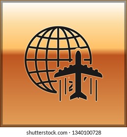 Black Globe with flying plane icon isolated on gold background. Airplane fly around the planet earth. Aircraft world icon. Vector Illustration