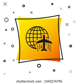 Black Globe with flying plane icon isolated on white background. Airplane fly around the planet earth. Aircraft world icon. Yellow square button. Vector Illustration