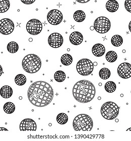 Black Globe with flying plane icon isolated seamless pattern on white background. Airplane fly around the planet earth. Aircraft world icon. Vector Illustration