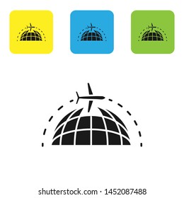 Black Globe with flying plane icon isolated on white background. Airplane fly around the planet earth. Aircraft world icon. Set icons colorful square buttons. Vector Illustration