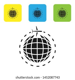 Black Globe with flying plane icon isolated on white background. Airplane fly around the planet earth. Aircraft world icon. Set icons colorful square buttons. Vector Illustration