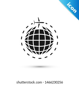 Black Globe with flying plane icon isolated on white background. Airplane fly around the planet earth. Aircraft world icon.  Vector Illustration