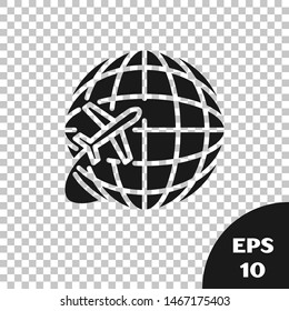 Black Globe with flying plane icon isolated on transparent background. Airplane fly around the planet earth. Aircraft world icon.  Vector Illustration